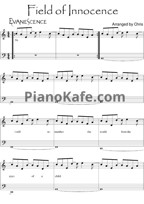 Ноты Evanescence - Field of innocence - PianoKafe.com