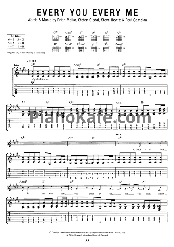 Ноты Placebo - Every you and every me - PianoKafe.com