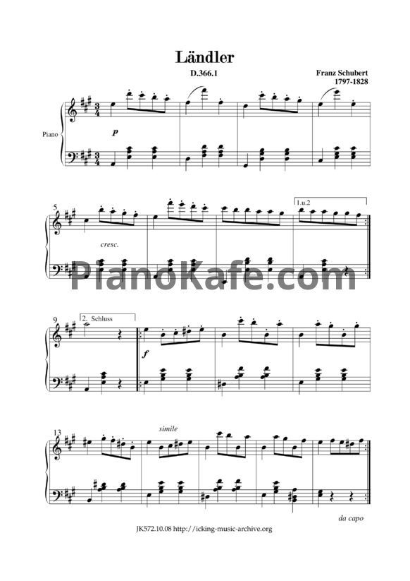 Ноты Франц Шуберт - 17 Немецких танцев для фортепиано (D 366) - PianoKafe.com