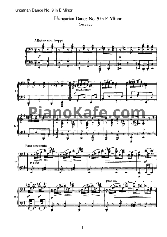 Ноты Иоганнес Брамс - Венгерский танец №9 ми-минор (для фортепиано в 4 руки) - PianoKafe.com