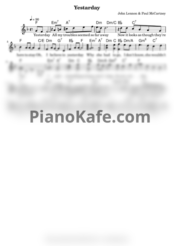 Ноты The Beatles - Yesterday (Переложение для голоса (гитары) Д. Соловьева) - PianoKafe.com