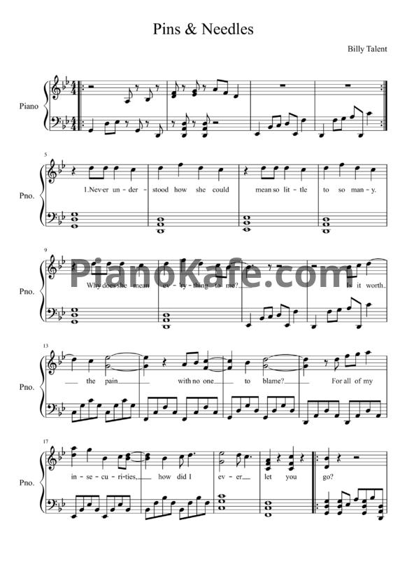 Ноты Billy Talent - Pins and needles - PianoKafe.com