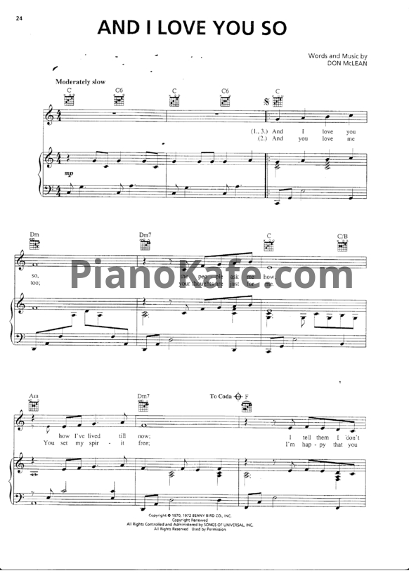 Ноты Don McLean - And I love you so - PianoKafe.com