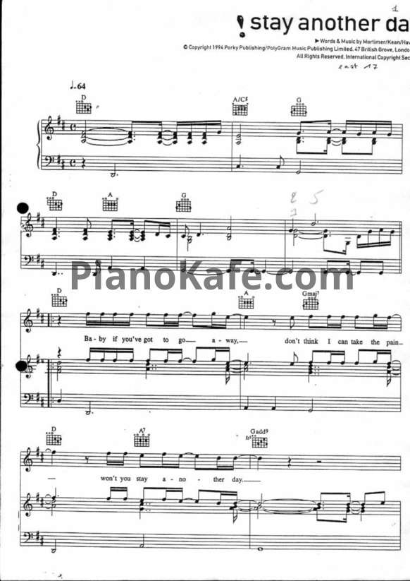 Ноты East 17 - Stay another day - PianoKafe.com
