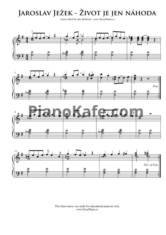 Ноты Я. Ежек - Жизнь -всего лишь случайность (Облегчённая версия) - PianoKafe.com