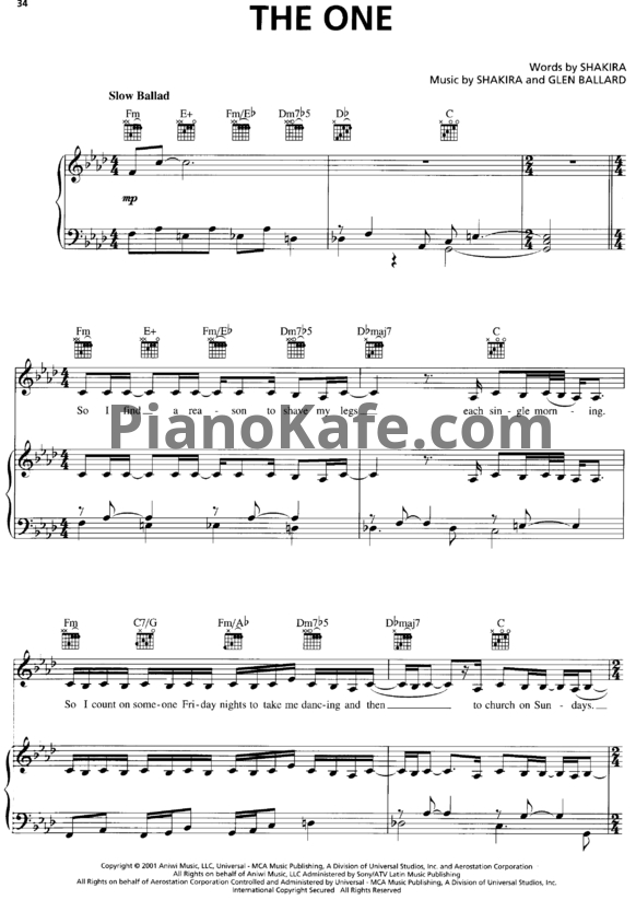 Ноты Shakira - The one - PianoKafe.com
