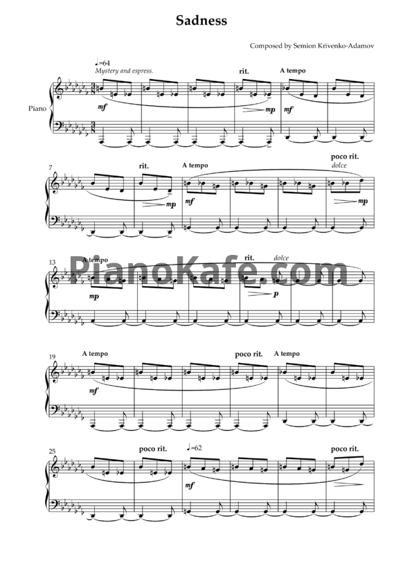 Ноты Семён Кривенко-Адамов - Печаль - PianoKafe.com