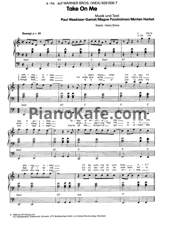 Ноты A-Ha - Take on me - PianoKafe.com
