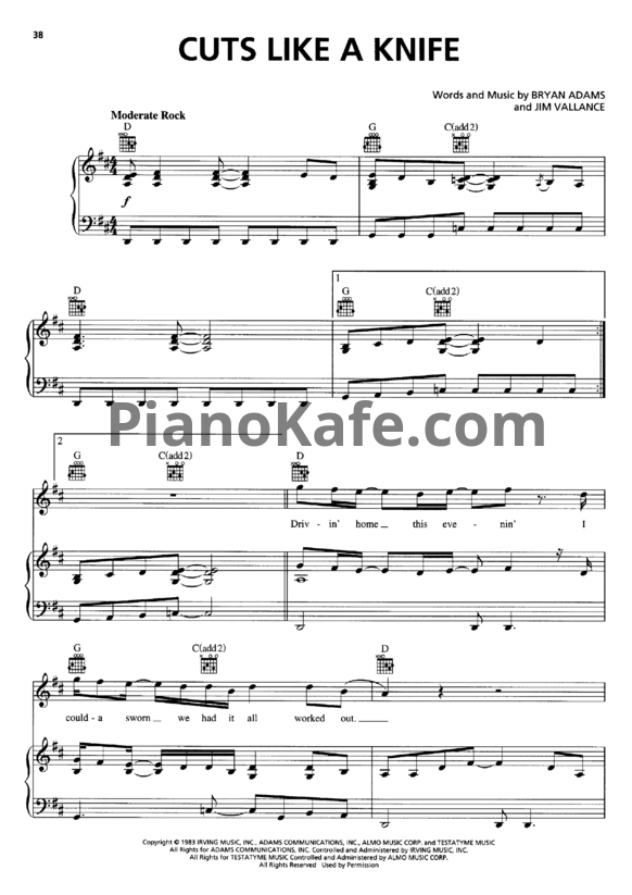 Ноты Bryan Adams - Cut's like a knife - PianoKafe.com