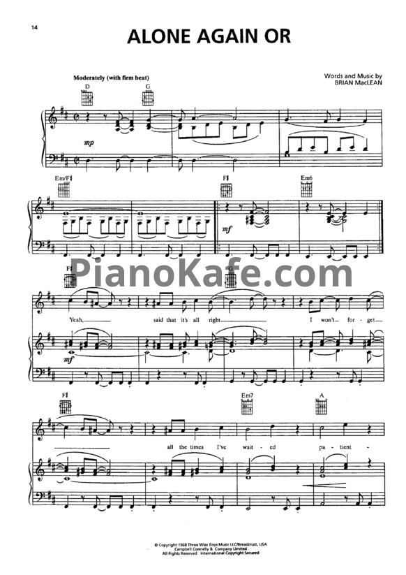 Ноты Love - Alone again or - PianoKafe.com