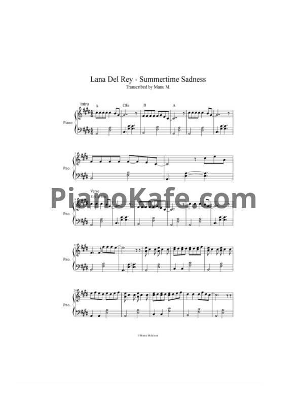 Ноты Lana Del Rey - Summertime sadness (Manu M.) - PianoKafe.com