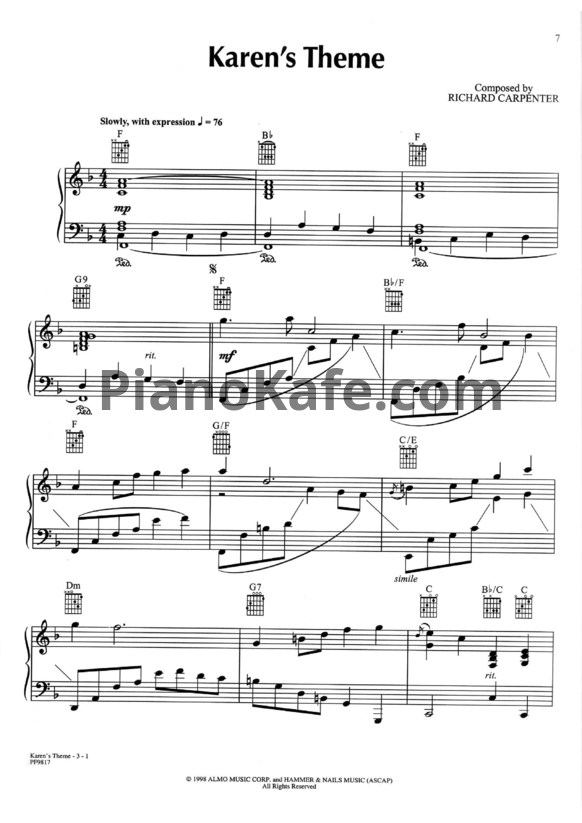 Ноты The Carpenters - Karen's theme - PianoKafe.com