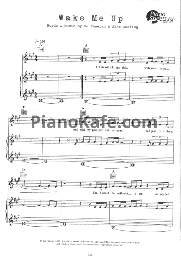 Ноты Ed Sheeran - Wake me up - PianoKafe.com