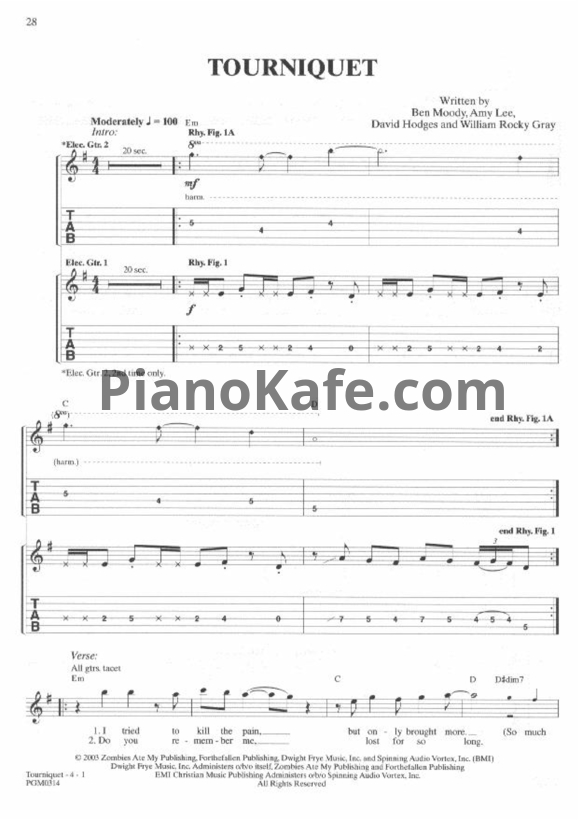 Ноты Evanescence - Tourniquet - PianoKafe.com