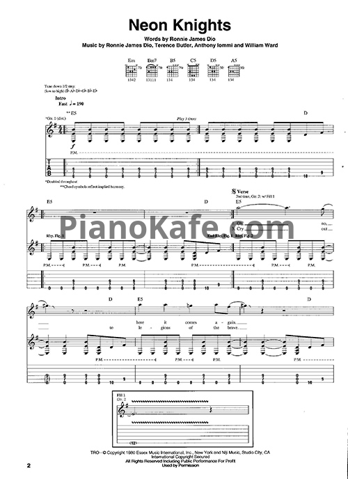 Ноты Black Sabbath - Neon knights (Guitar tabs & Voice) - PianoKafe.com