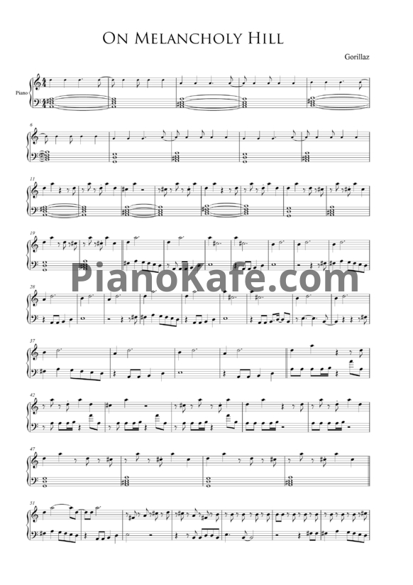 Ноты Gorillaz - On melancholy hill - PianoKafe.com