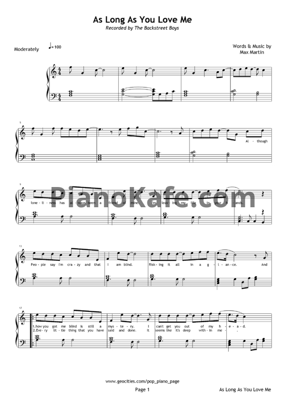 Ноты Backstreet Boys - As long as you love me - PianoKafe.com