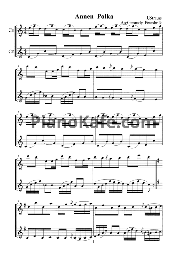 Ноты Иоганн Штраус (сын) - Полька "Анна" (Op. 117) для двух кларнетов - PianoKafe.com