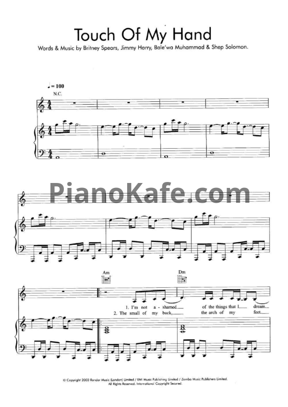 Ноты Britney Spears - Touch of my hand - PianoKafe.com