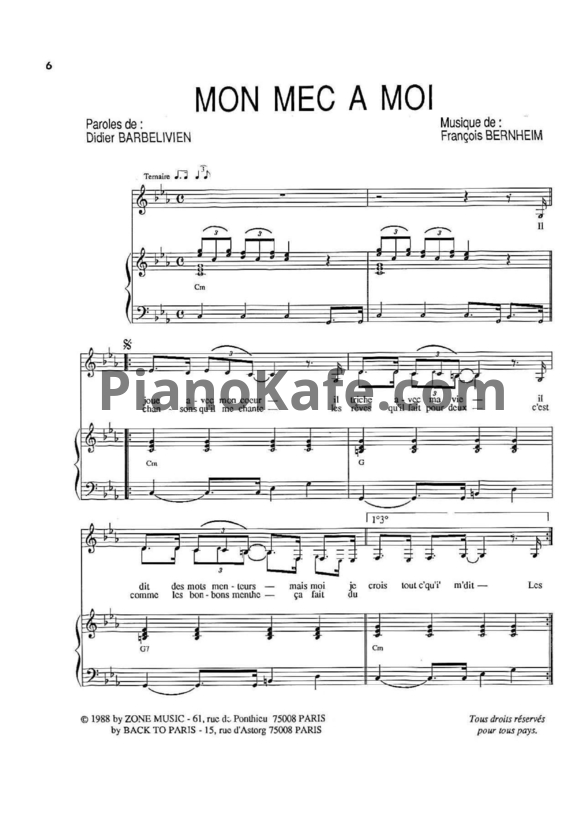 Ноты Patricia Kaas - Mon mec à moi - PianoKafe.com