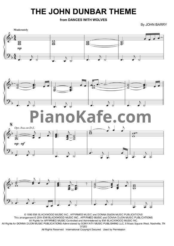 Ноты John Barry - The John Dunbar theme - PianoKafe.com