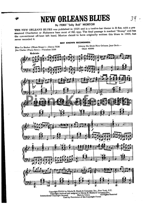 Ноты Jelly Roll Morton - New Orleans Blues - PianoKafe.com