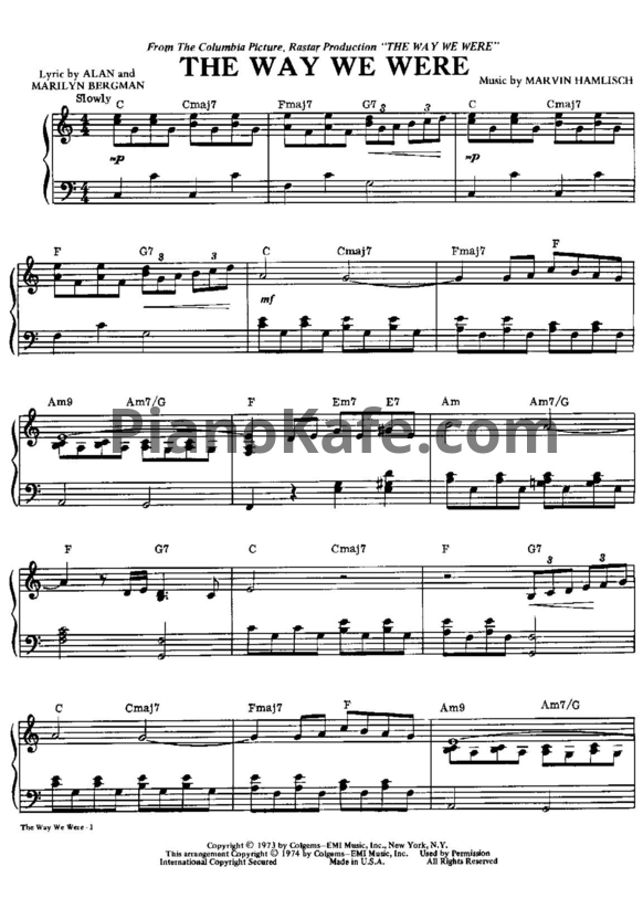 Ноты Barbra Streisand - The way we were (Версия 2) - PianoKafe.com