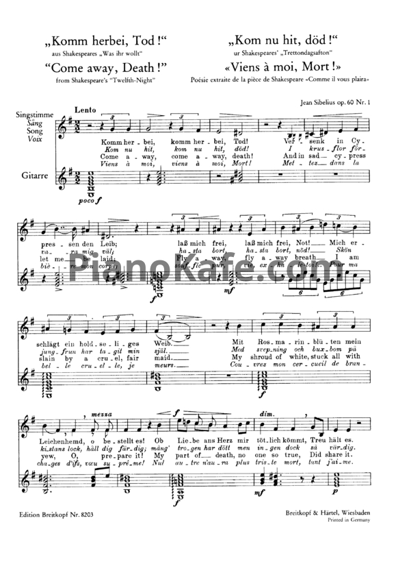 Ноты Ян Сибелиус - 2 песни на тексты из "Двенадцатой ночи" Шекспира (Op. 60) - PianoKafe.com