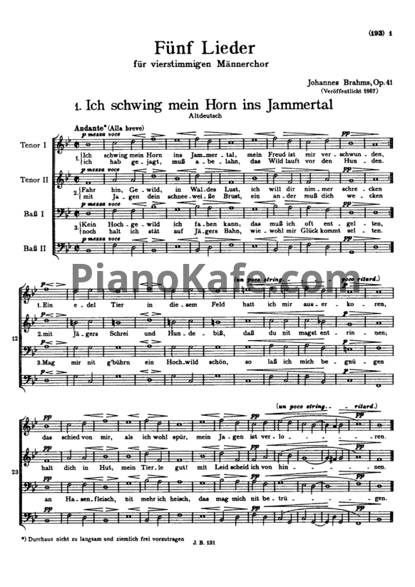 Ноты И. Брамс - Пять песен для мужского хора (Op. 41) - PianoKafe.com