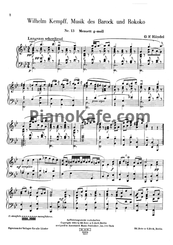 Ноты Вильгельм Кемпф, Г. Гендель - Менуэт ля минор (HWV 434 №13) - PianoKafe.com