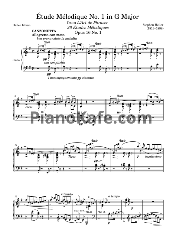 Ноты Стефан Хеллер - Мелодический этюд (Op. 16, №1) соль мажор - PianoKafe.com