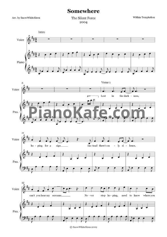 Ноты Within Temptation - Somewhere - PianoKafe.com