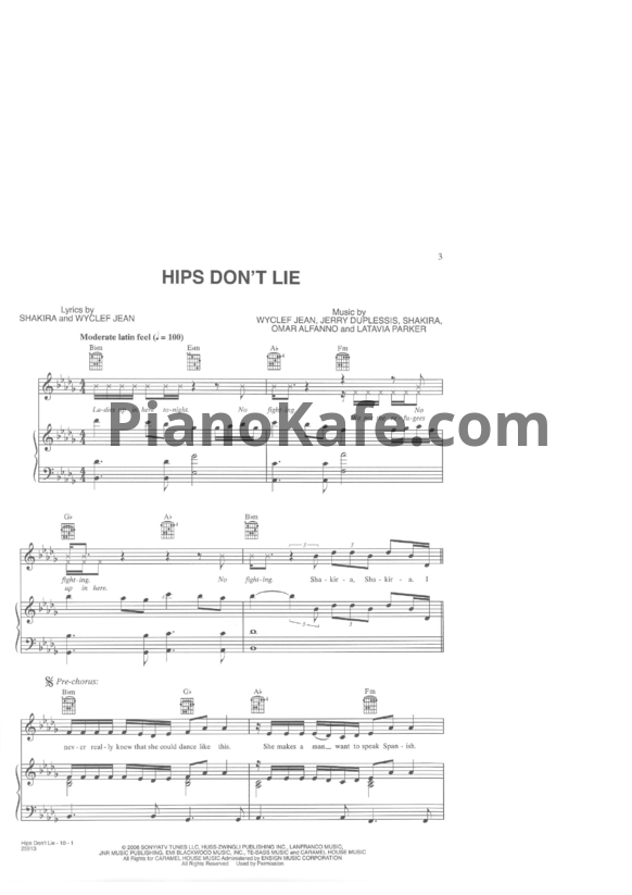 Ноты Shakira - Hips don't lie - PianoKafe.com
