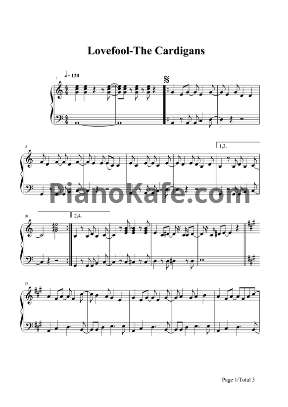 Ноты The Cardigans - Lovefool - PianoKafe.com