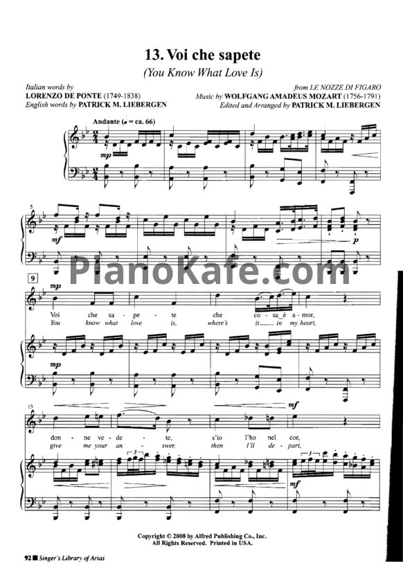 Ноты В. Моцарт - Ария Керубино "Voi che sapete" - PianoKafe.com
