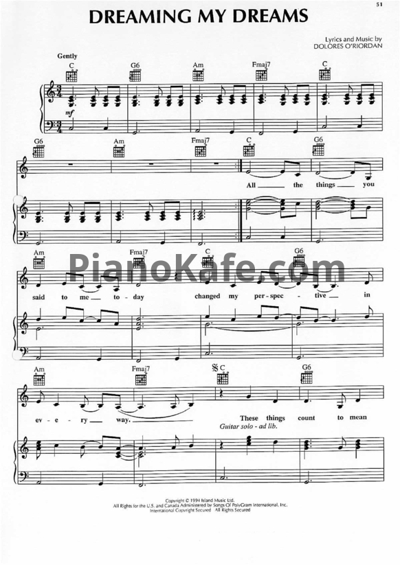 Ноты The Cranberries - Dreaming my dreams - PianoKafe.com