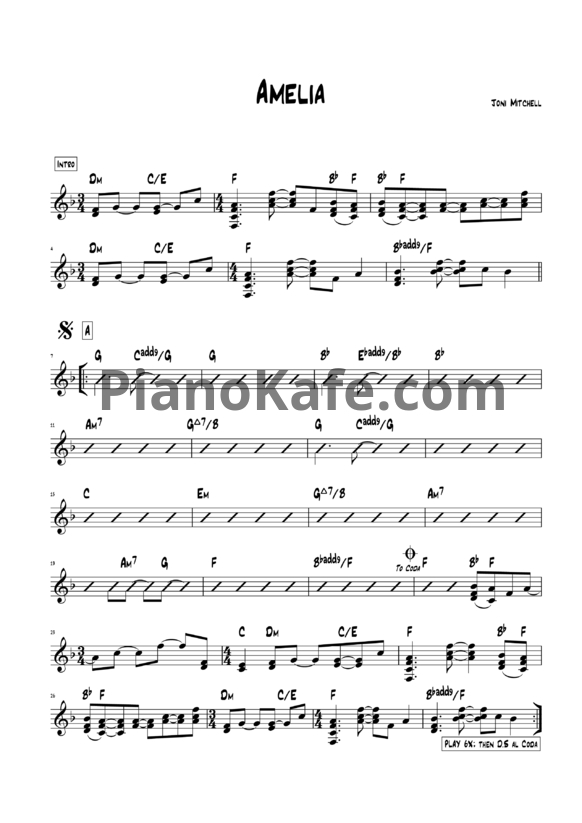 Ноты Joni Mitchell - Amelia - PianoKafe.com