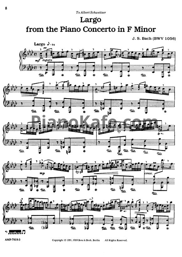 Ноты Вильгельм Кемпф, И. Бах - Largo in A flat major (BWV 1056) - PianoKafe.com