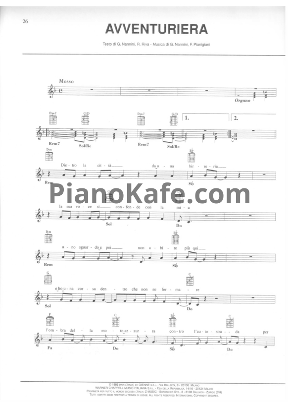 Ноты Gianna Nannini - Avventuriera - PianoKafe.com