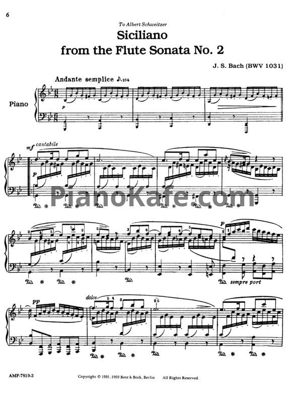 Ноты И. Бах - Siciliano из сонаты для флейты №2 (BWV 1031). Переложение для фортепиано Вильгельм Кемпф - PianoKafe.com