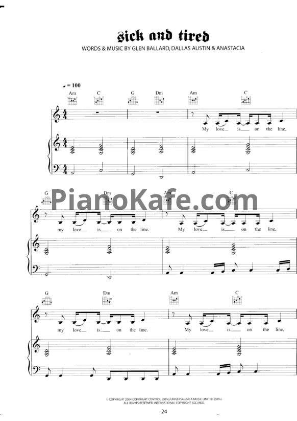 Ноты Anastacia - Sick and tired - PianoKafe.com