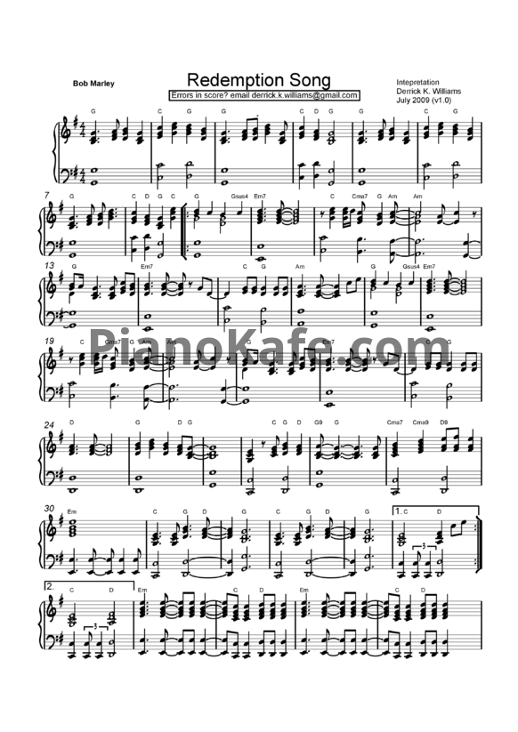Ноты Bob Marley - Redemption song - PianoKafe.com
