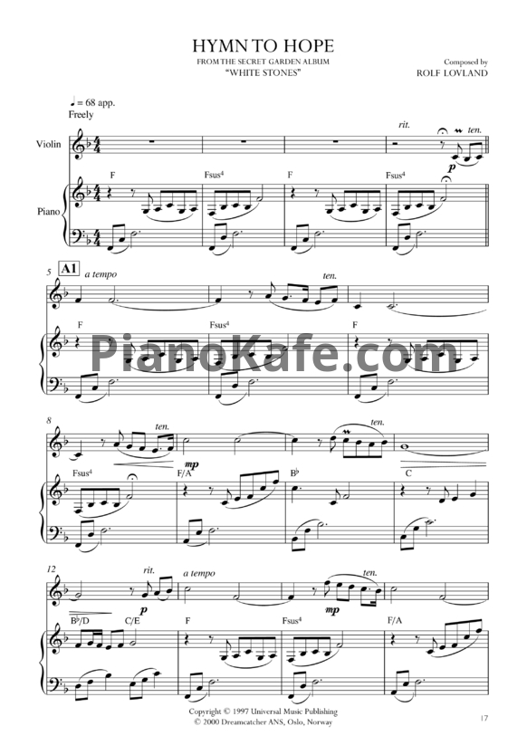 Ноты Secret Garden - Hymn to hope - PianoKafe.com