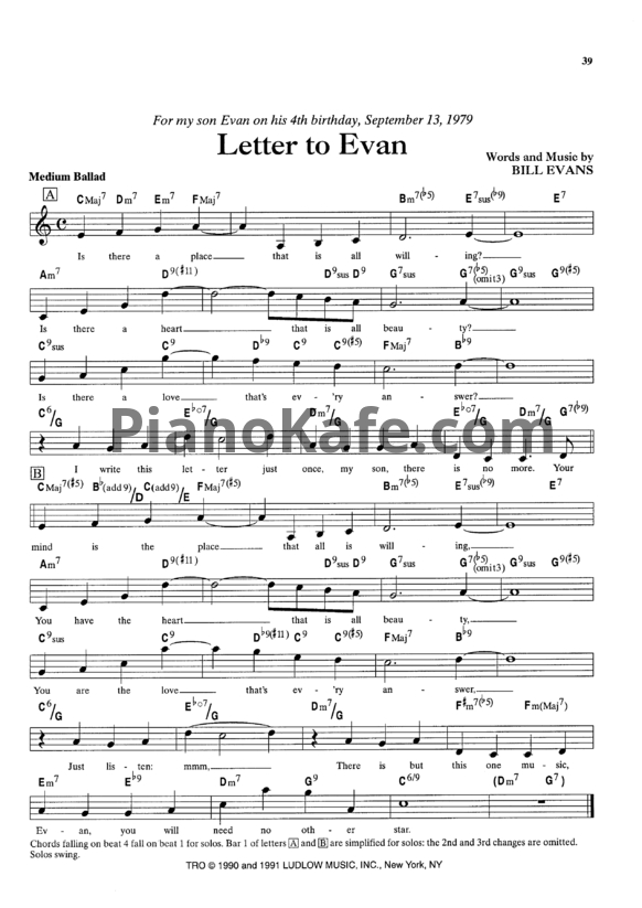 Ноты Bill Evans - Letter to Evan - PianoKafe.com
