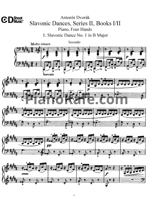 Ноты Антонин Дворжак - Славянский танец (Op. 72, для фортепиано в 4 руки) - PianoKafe.com