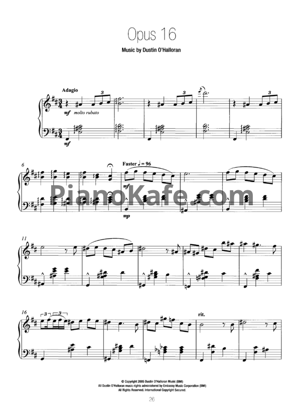 Ноты Dustin O'Halloran - Opus 16 - PianoKafe.com