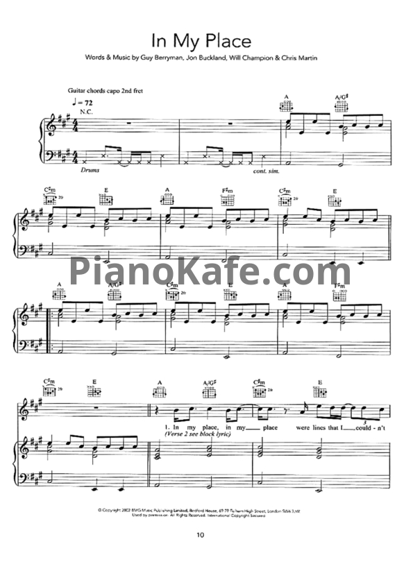 Ноты Coldplay - In my place - PianoKafe.com