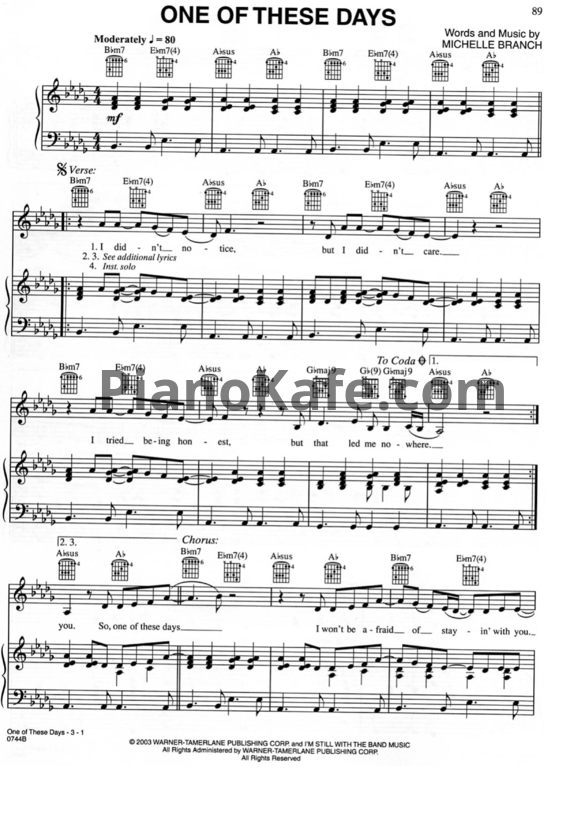 Ноты Michelle Branch - One of these days (Версия 2) - PianoKafe.com