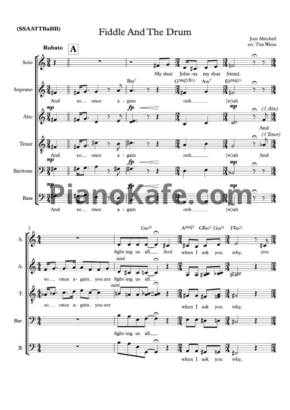 Ноты Joni Mitchell - The Fiddle And The Drum (вокальная аранжировка) - PianoKafe.com