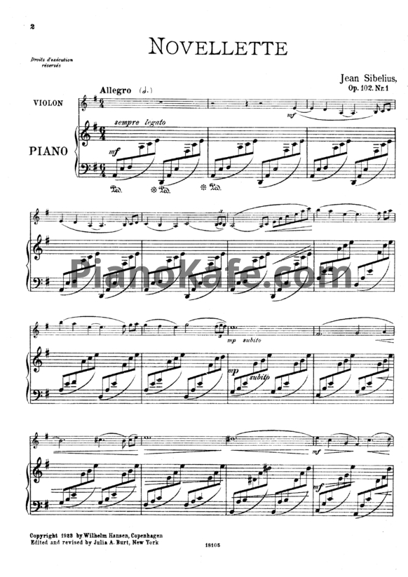 Ноты Ян Сибелиус - Новелетта для скрипки и фортепиано (Op. 102) - PianoKafe.com